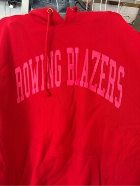 Rowing Blazers Unisex Collegiate Red Pullover Hoodie with Pink Label